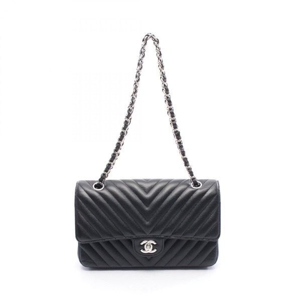 CHANEL Chevron V-stitch W-flap Shoulder Bag Calfskin Black Used Women SHW COCO