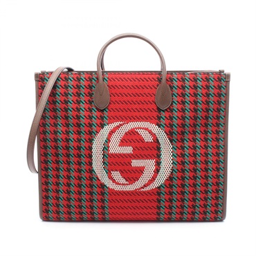 GUCCI Interlocking G Tote Shoulder Bag 644994 Fabric leather Red Brown Used