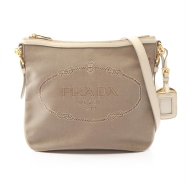 PRADA LOGO JACQUARD Shoulder Crossbody Bag canvas leather Brown Beige Used Women