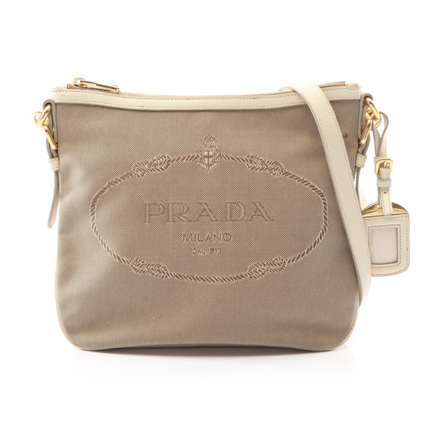 PRADA LOGO JACQUARD Shoulder Crossbody Bag canvas leather Brown Beige Used Women