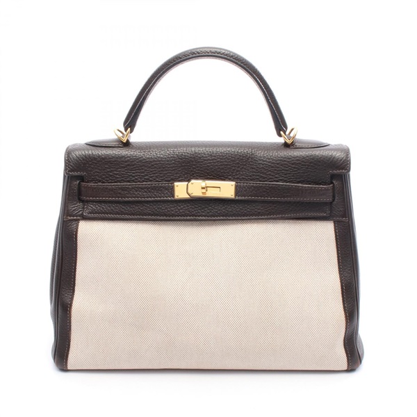 HERMES Kelly 32 shoulder Handbag K inside stitched Toile H Togo Ecru Used GHW
