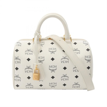 MCM Visetos 2Way Shoulder Handbag Travel Bag canvas leather White Used Women