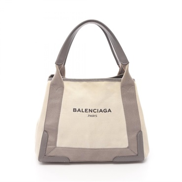 BALENCIAGA NAVY CABAS S Tote Bag 339933 canvas leather Beige Gray Used Women