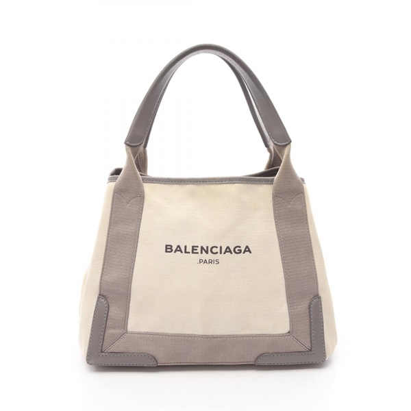 BALENCIAGA NAVY CABAS S Tote Bag 339933 canvas leather Beige Gray Used Women