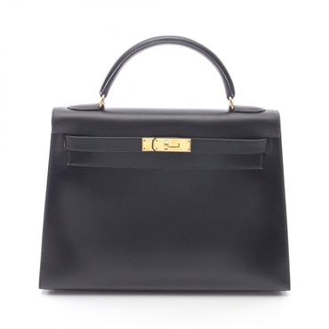 HERMES Kelly 32 Shoulder Handbag Box calf leather Black Used Women C GHW