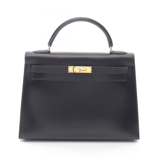 HERMES Kelly 32 Shoulder Handbag Box calf leather Black Used Women C GHW