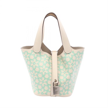 HERMES Picotin Lock Micro Lucky Daisy Handbag Swift leather Beige Green Used B