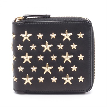 JIMMY CHOO LAWRENCE around zipper compact purse wallet studs leather Black Used