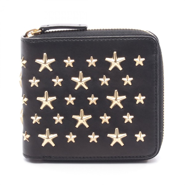 JIMMY CHOO LAWRENCE around zipper compact purse wallet studs leather Black Used