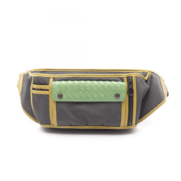 BOTTEGA VENETA Intrecciato Waist bag canvas leather Gray Yellow Green Used mens