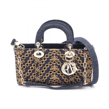 Christian Dior Lady D-Joy Medium Shoulder Handbag denim Navy Brown Used Women