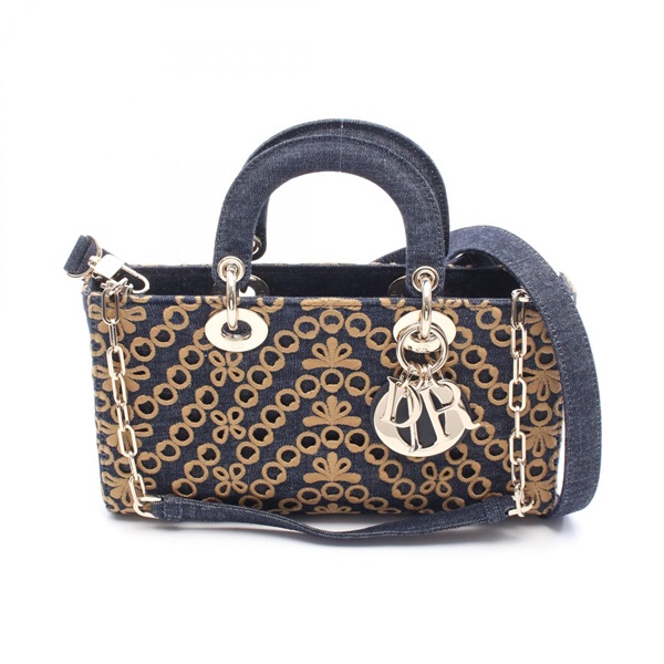Christian Dior Lady D-Joy Medium Shoulder Handbag denim Navy Brown Used Women