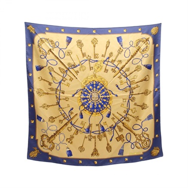 HERMES Carre90 LES CLES Scarf silk Blue Beige Gold Used Women