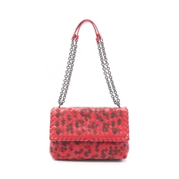 BOTTEGA VENETA Intrecciato Chain Shoulder Bag Leather Red Used Women BV