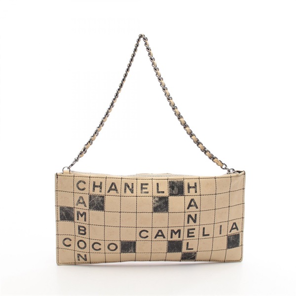 CHANEL Crossword chain clutch second Handbag Lambskin Beige Black Used