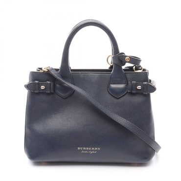 BURBERRY Small Banner House Check Shoulder Handbag leather Navy Brown Used Women
