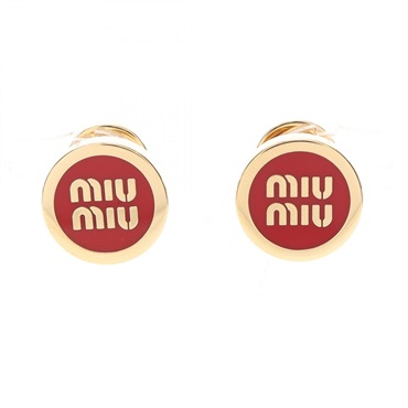 Miu Miu Enamel Metal Pierced Earrings Gold Plated White Red NEW 15 x 15mm