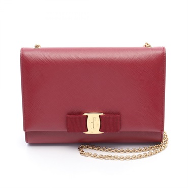 Salvatore Ferragamo Vara ribbon Chain Shoulder Bag leather Red Used Women GHW