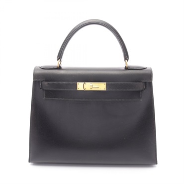 HERMES Kelly 28 Shoulder Handbag Box calf leather Black Used Women Z GHW