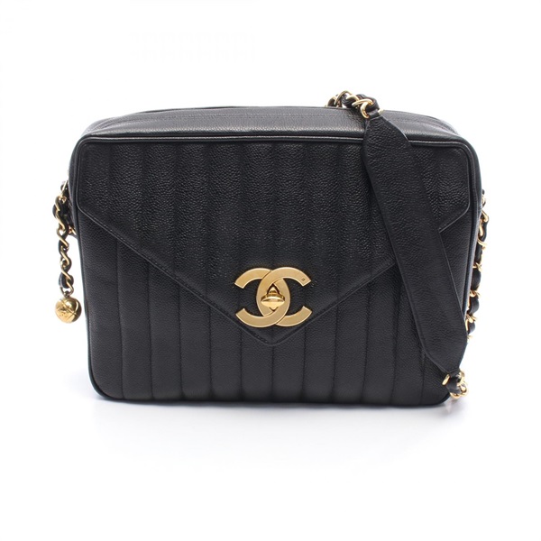 CHANEL Mademoiselle Jumbo COCO Mark chain Shoulder Bag leather Black Used CC GHW