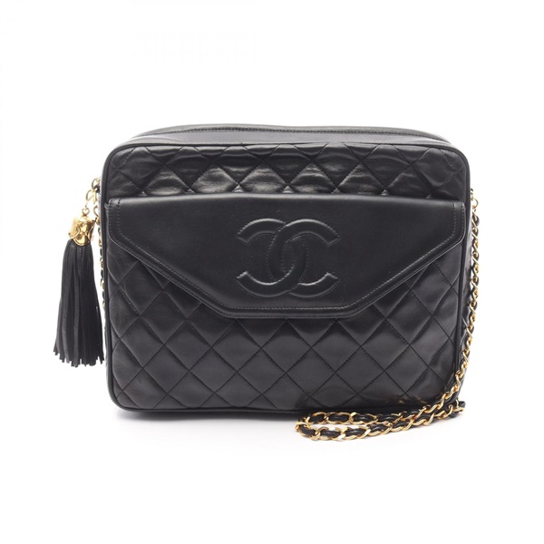 CHANEL Matelasse fringe Chain Shoulder Bag Lamb sheep leather Black Used GHW CC