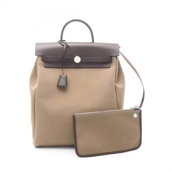 HERMES Herbag a dos Zip PM Rucksack Backpack hunter leather Toile H canvas Brown