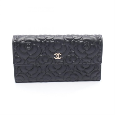 CHANEL Camelia Bifold purse wallet Lambskin sheep leather Black Used Women GHW