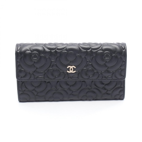 CHANEL Camelia Bifold purse wallet Lambskin sheep leather Black Used Women GHW