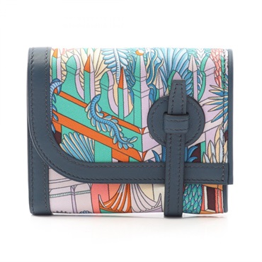 HERMES Avecsoie Compact ANIMAPOLIS coin purse wallet silk leather SHW Used W