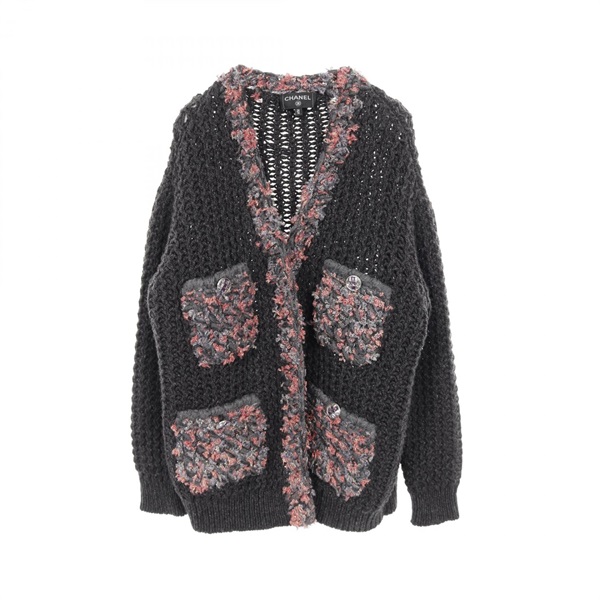 CHANEL COCO Mark button cardigan cashmere Gray Pink #34/36 Used Women