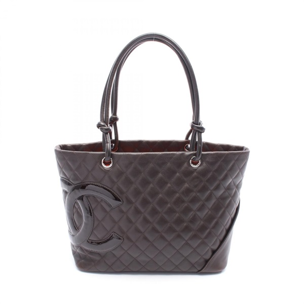 CHANEL Cambon Line Large Tote Bag Lambskin Patent leather Brown SHW Used CC