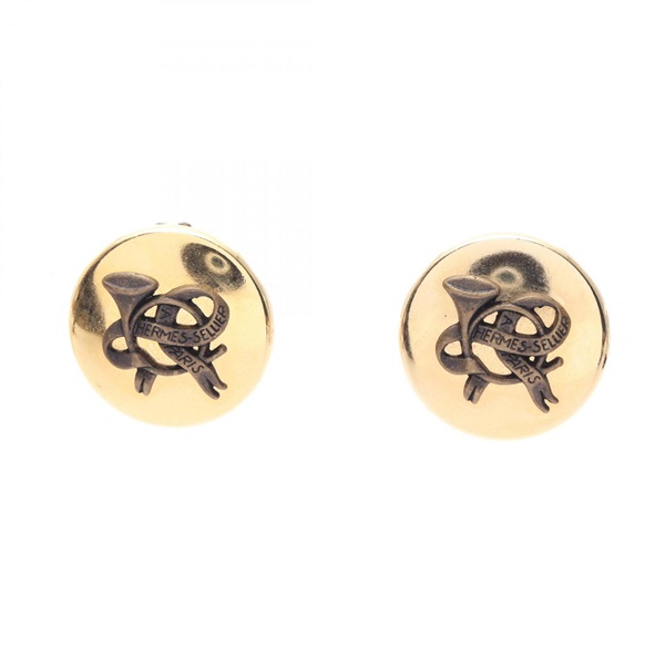 HERMES Horn clip round Earrings Gold Plated Used