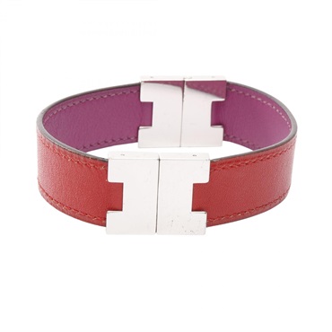 HERMES Lurie Bracelet 19cm Stainless Steel leather Red Purple Used Women