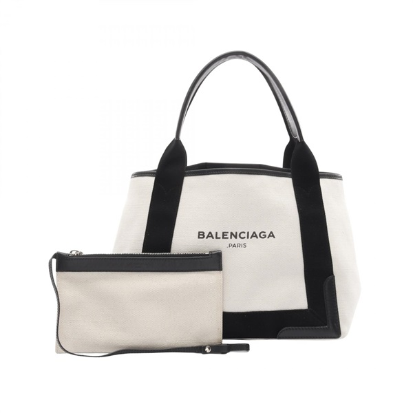 BALENCIAGA NAVY CABAS S hand Tote Bag 339933 canvas leather natural Black Used