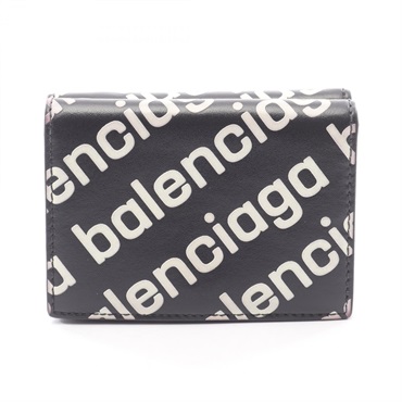 BALENCIAGA Cash Mini Tri-fold wallet 594312 leather Black White Used unisex