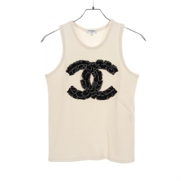 CHANEL COCO Mark Tank Sleeveless Tops wool Beige Black Used Women logo CC #36