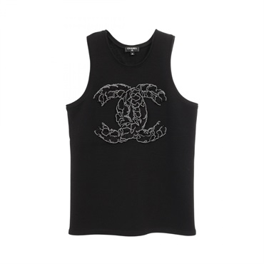 CHANEL COCO Mark Sleevelss tops wool Black Used Women size 36 CC