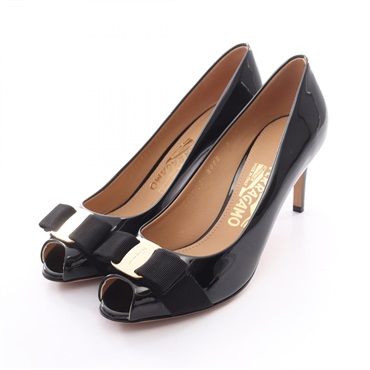 Salvatore Ferragamo Vara Ribbon Open Toe pumps heel Patent leather Black Used #6