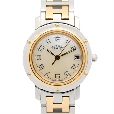 HERMES Clipper Nacre Wrist Watch CL4.220 Quartz Gold Plated SS Used Women