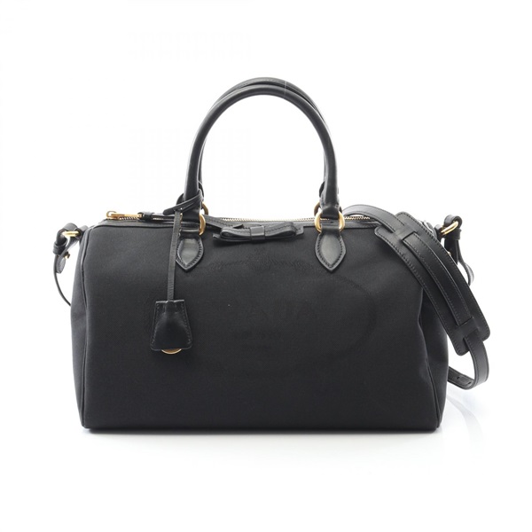 PRADA LOGO JACQUARD shoulder crossbody Handbag canvas leather Black Used Women