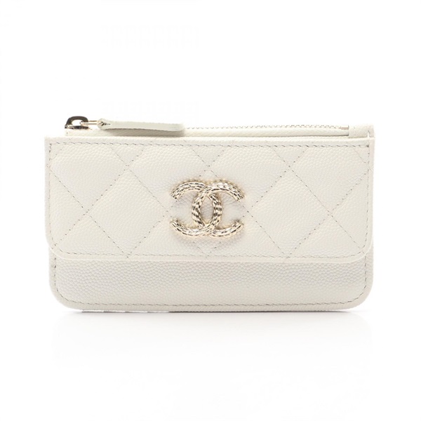 CHANEL Matelasse coin purse wallet Grained calf leather White Used Women GHW CC