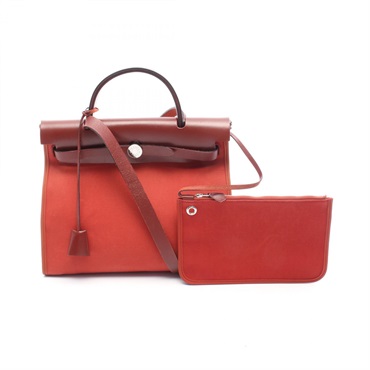 HERMES Herbag Zip PM shoulder Handbag R Toile officier leather Rouge H Used SHW