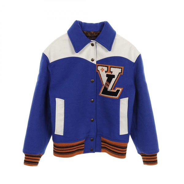 LOUIS VUITTON V-patch varsity jacket #32 blouson wool leather Blue Used Women LV