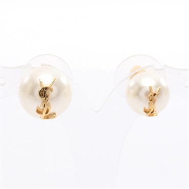 SAINT LAURENT PARIS YSL logo Pierced earrings GP Artificial pearl NEW Women