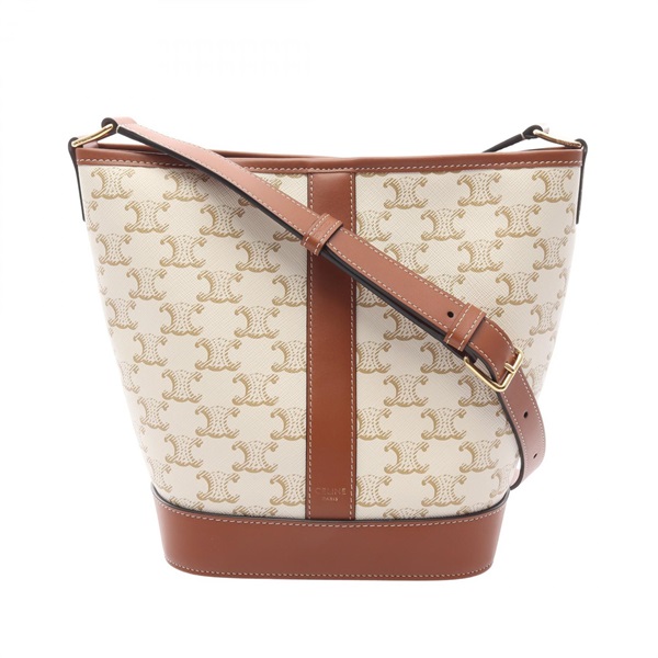 CELINE Small Bucket Triomphe Shoulder crossbody Bag canvas leather White Brown