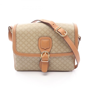 CELINE Macadam Shoulder crossbody Bag canvas leather Beige Brown Used Women