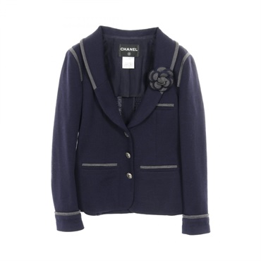 CHANEL COCO Mark button tailored jacket #40 wool Navy Gray Used Women