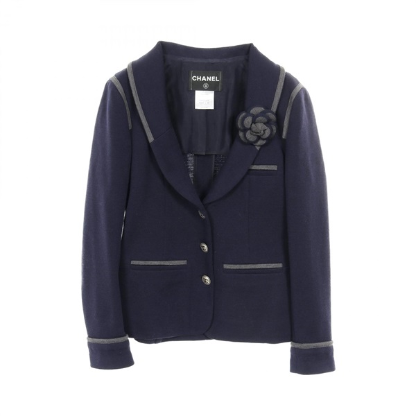 CHANEL COCO Mark button tailored jacket #40 wool Navy Gray Used Women