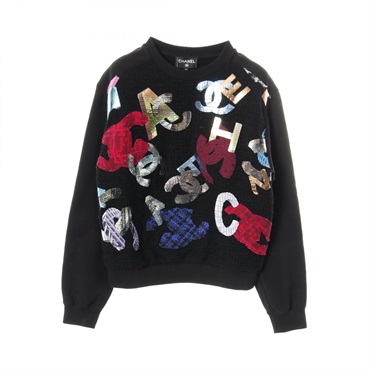 CHANEL COCO Mark tweed sweatshirt #34 pullover P72996K10505 cotton Black Used