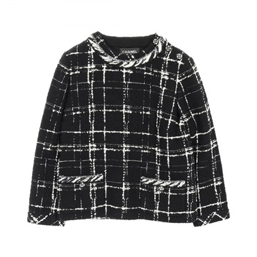 CHANEL COCO Mark button blouse Shirts wool silk Black White Used Women size 34